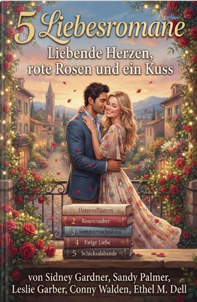 Cover 5 Liebesromane: Liebende Herzen, rote Rosen und ein Kuss